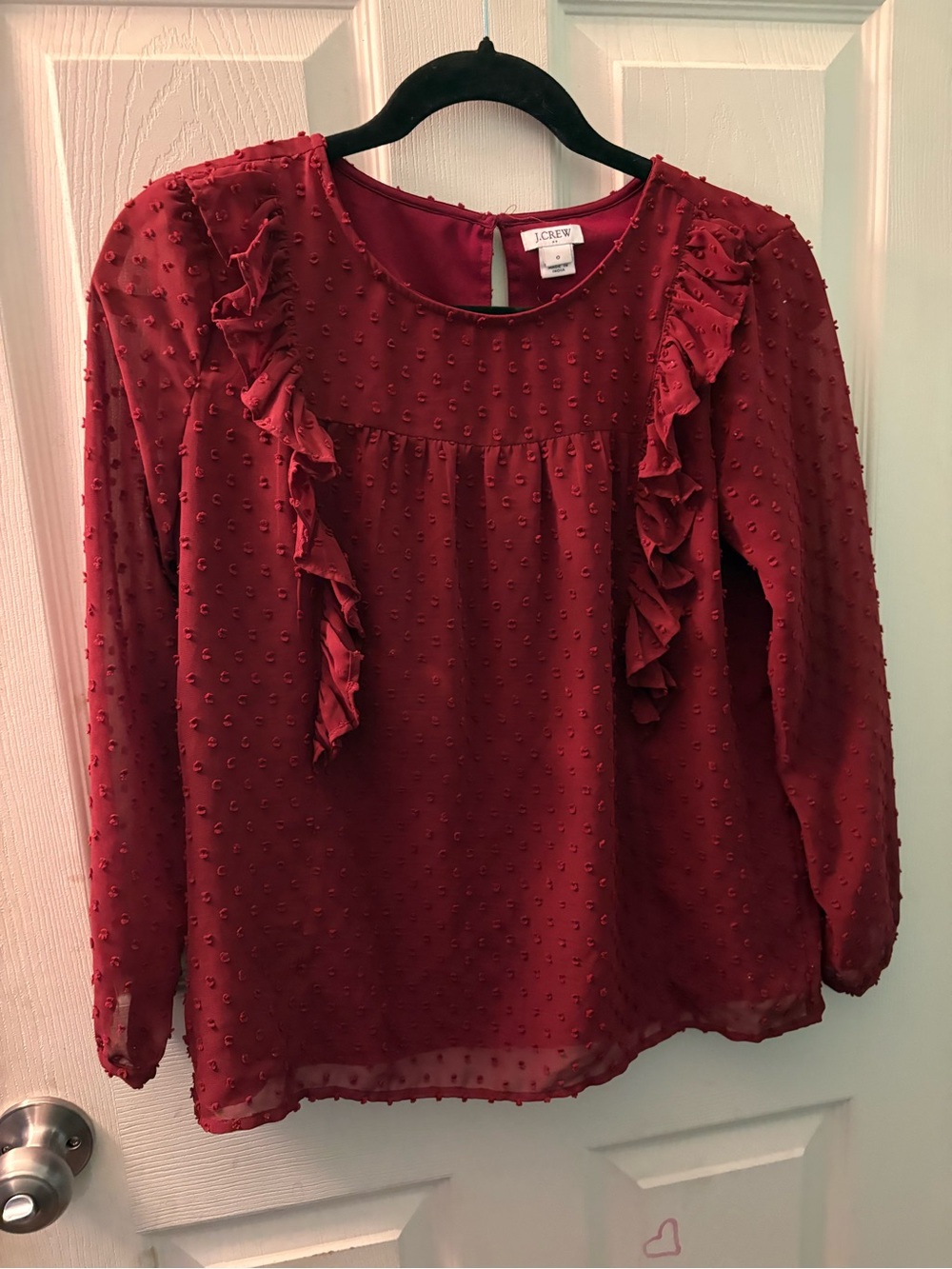 Boho J. Crew Women's Wine Red Long-Sleeve Ruffle Swiss Dot Top